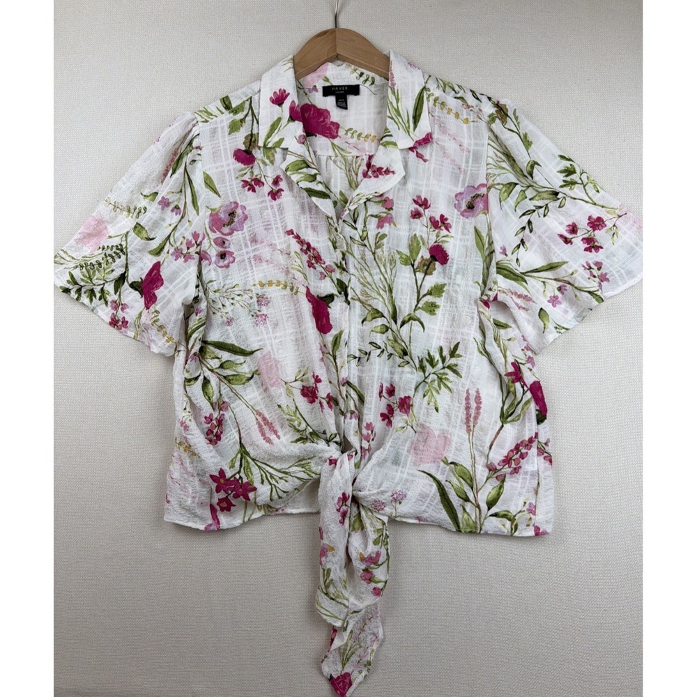 Floral Button Up Crop Top Tie Front Blouse XL Coastal Resort Preppy Fairy Beachy - Picture 1 of 13